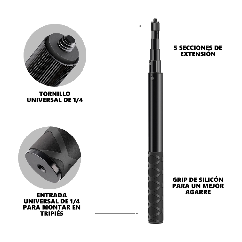 Base Tubular Selfie Stick con Doble Pinza Compatible GoPro Insta360 Cámaras Deportivas