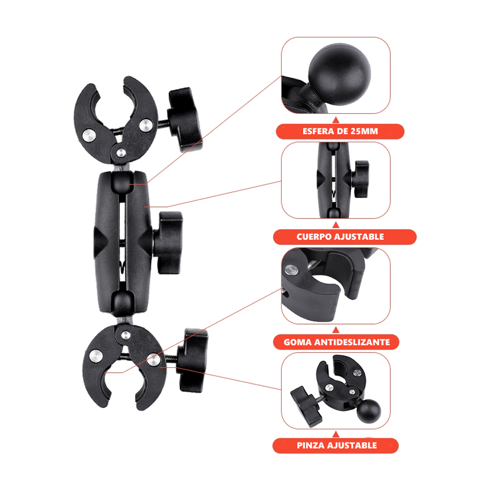 Base Tubular Selfie Stick con Doble Pinza Compatible GoPro Insta360 Cámaras Deportivas