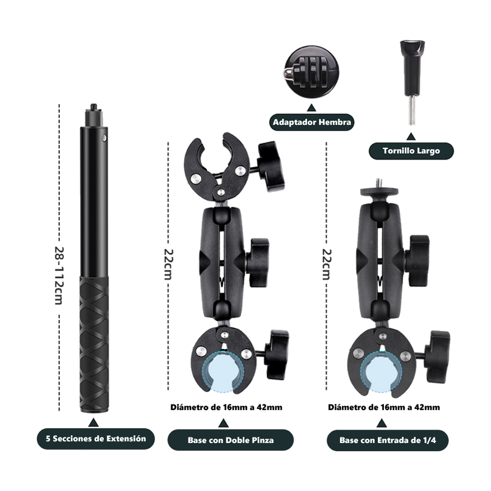Base Tubular Selfie Stick con Doble Pinza Compatible GoPro Insta360 Cámaras Deportivas