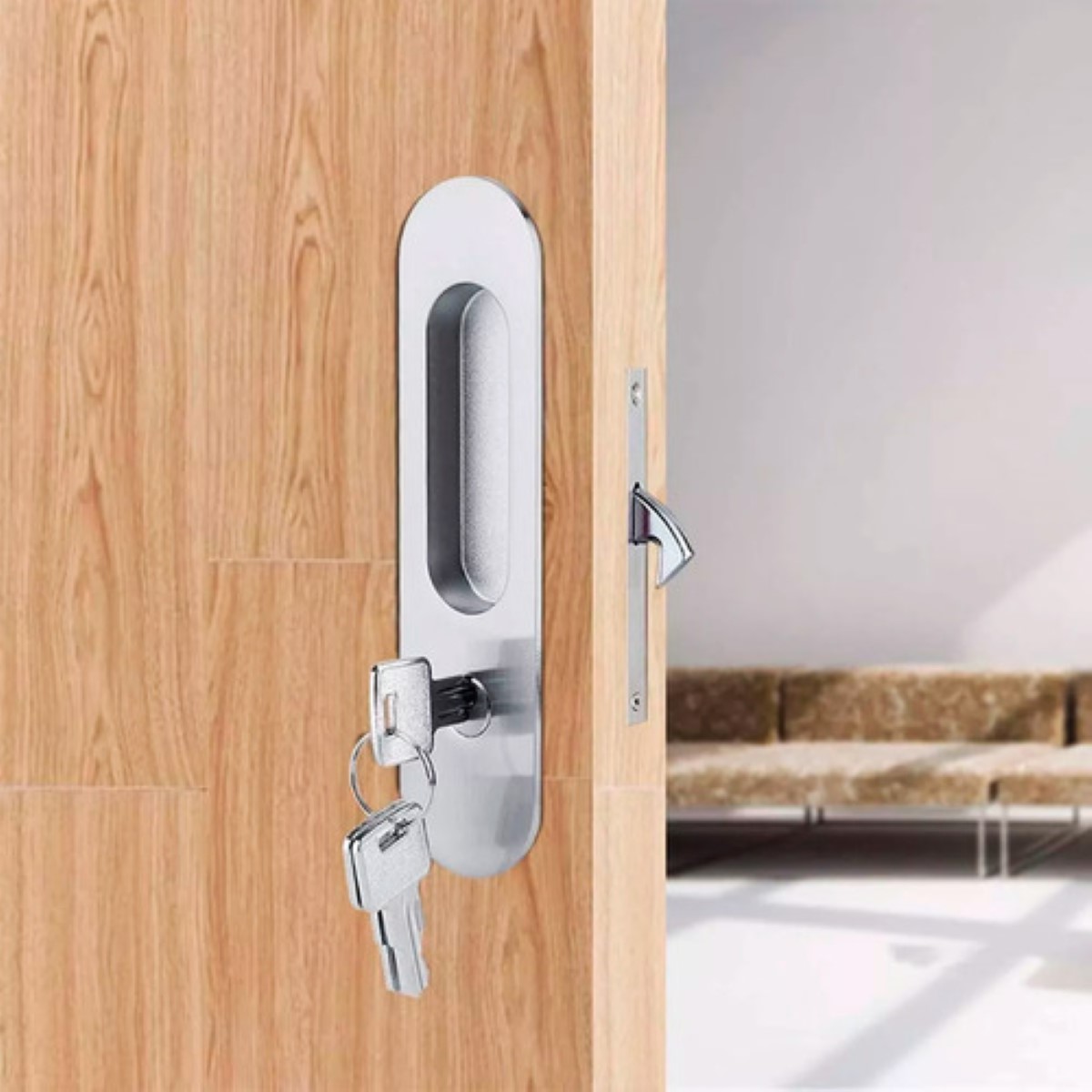 Manija Con Llaves Antirrobo Para Puerta Corrediza De Madera plata