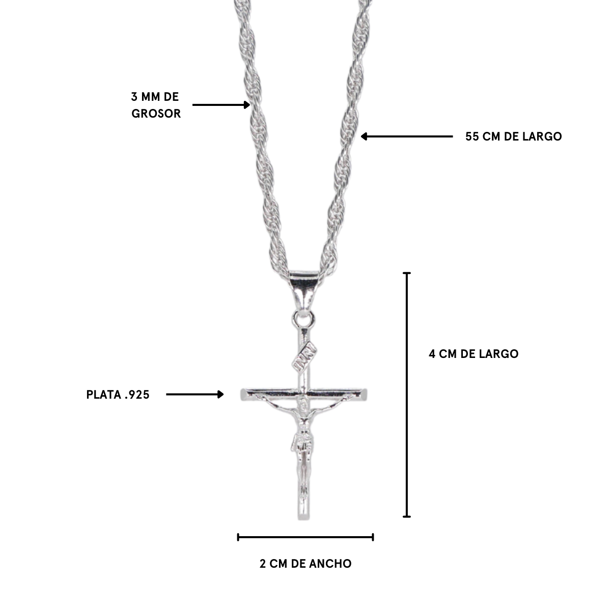Cadena y Dije cruz de plata 925 Torzal de hombre 