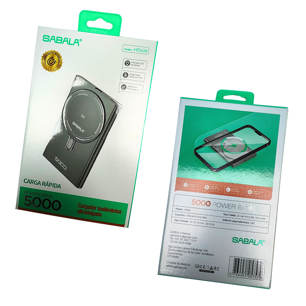 Power Bank Inalámbrico Sabala HD 608 con Carga Rápida de 15W