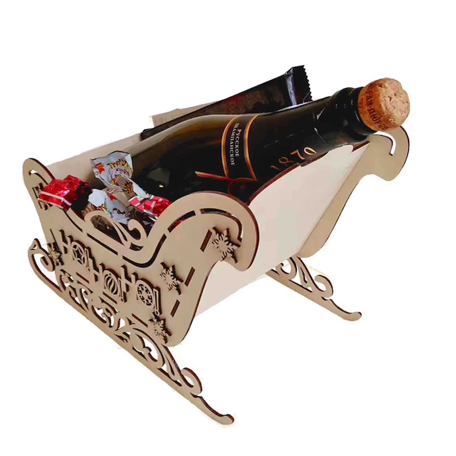 Trineo Navideño de Madera para botella  Un Toque Rústico y Elegante para tu Hogar
