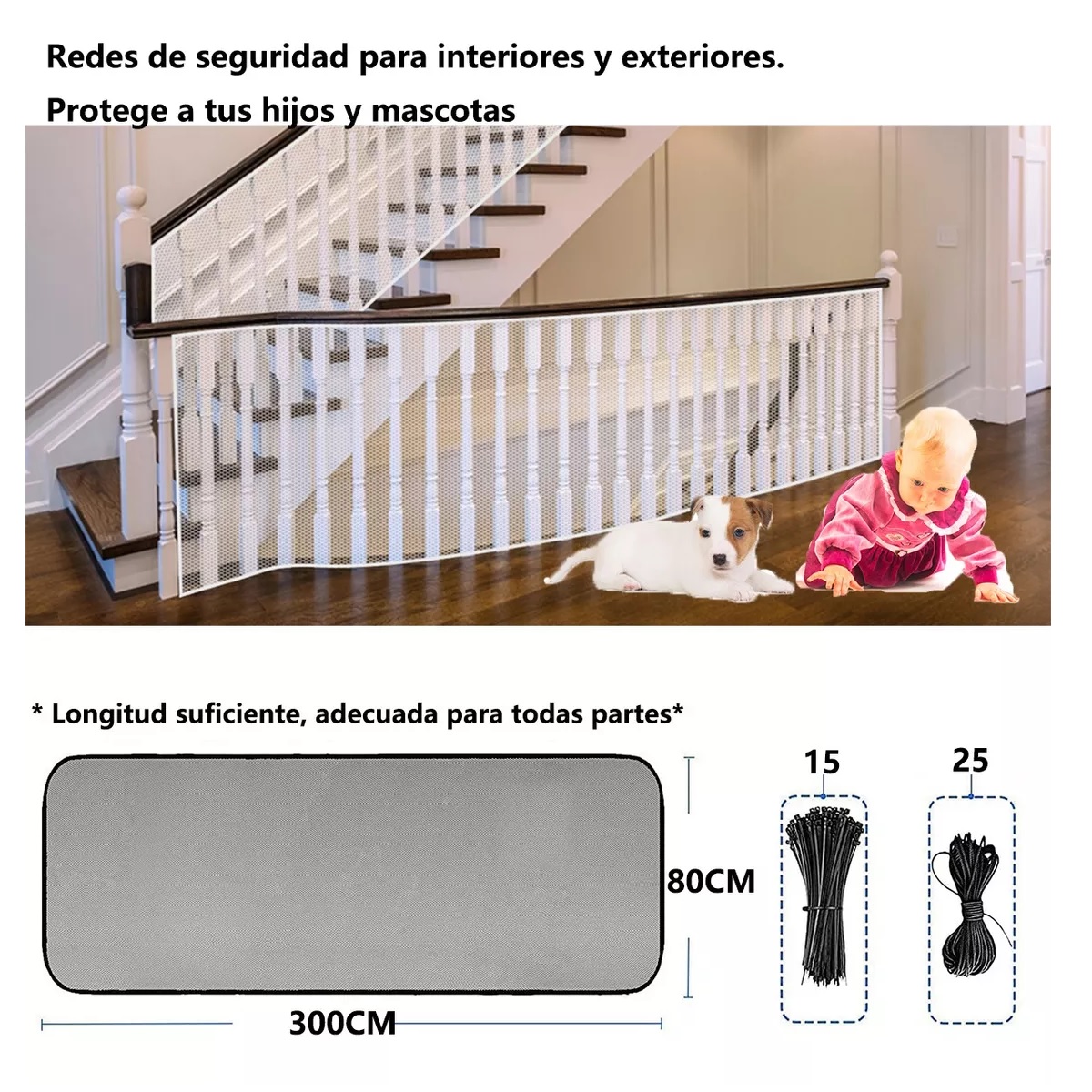 Niños Mascota Red Malla Seguridad Para Escaleras Balcones 3m Blanco