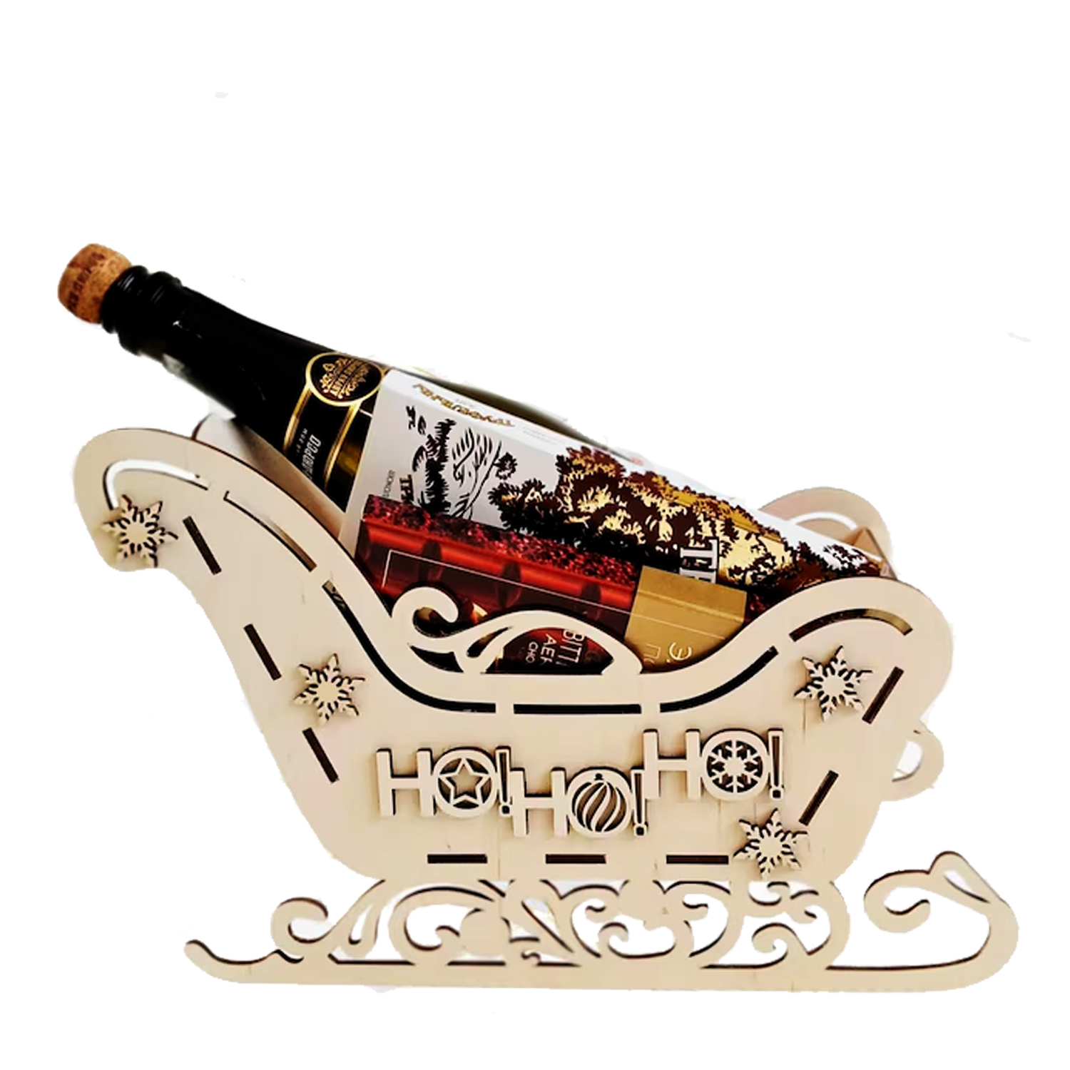 Trineo Navideño de Madera para botella  Un Toque Rústico y Elegante para tu Hogar