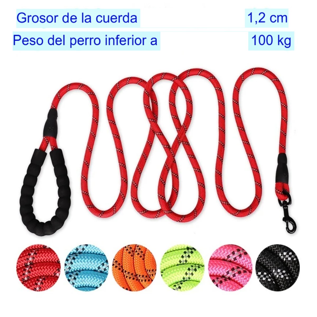 Correa cadena roja negro fuerte perro 150cm reflectantes mascotas grande paseo deporte resistente