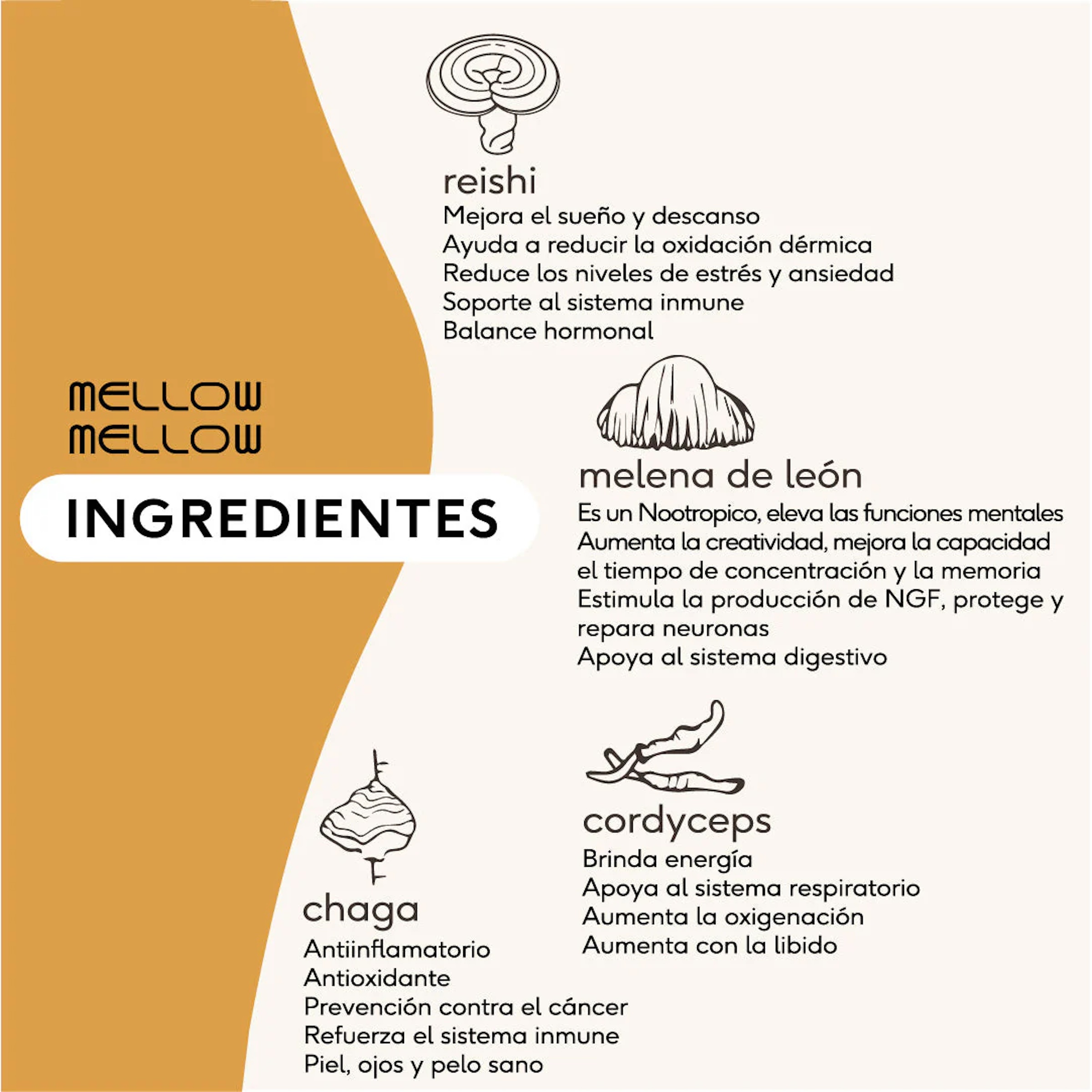 Mellow Mellow antiestrés hongos adaptógenos 350 g Quenut 