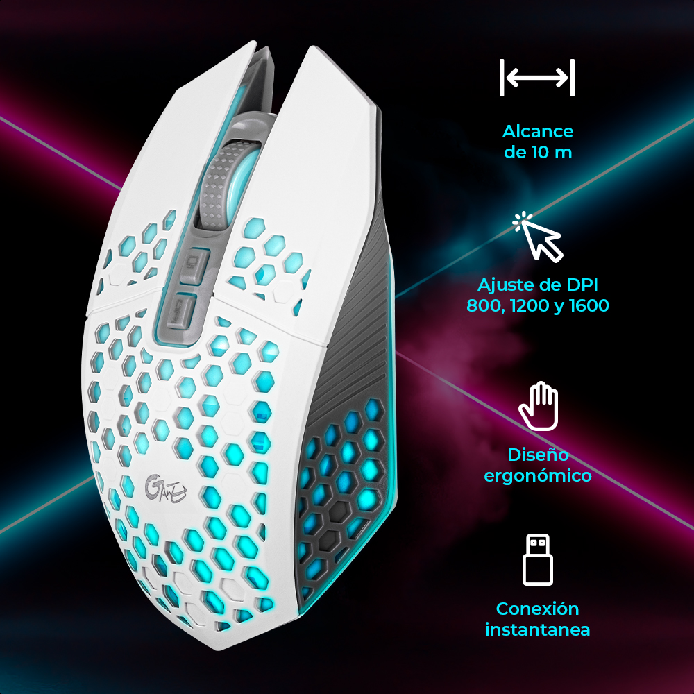 Mouse Silencioso Inalámbrico Ergonómico RGB Recargable 7 Botones USB Blanco