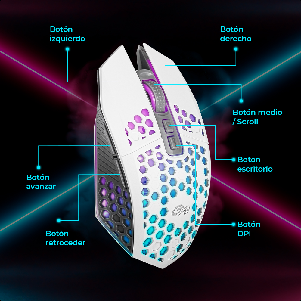 Mouse Silencioso Inalámbrico Ergonómico RGB Recargable 7 Botones USB Blanco