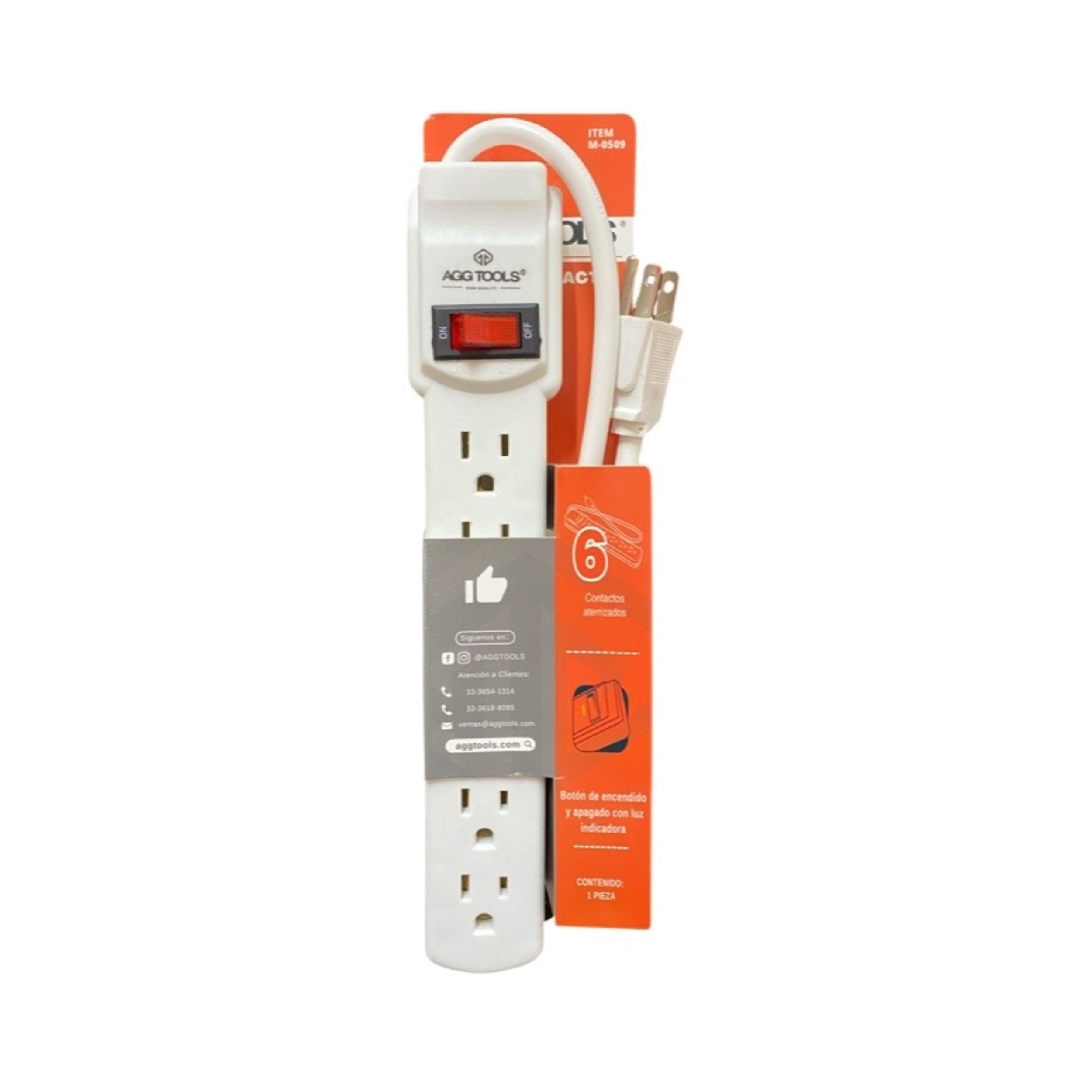Multicontacto de 6 Entradas, Cable Corto, Interruptor de Encendido/Apagado