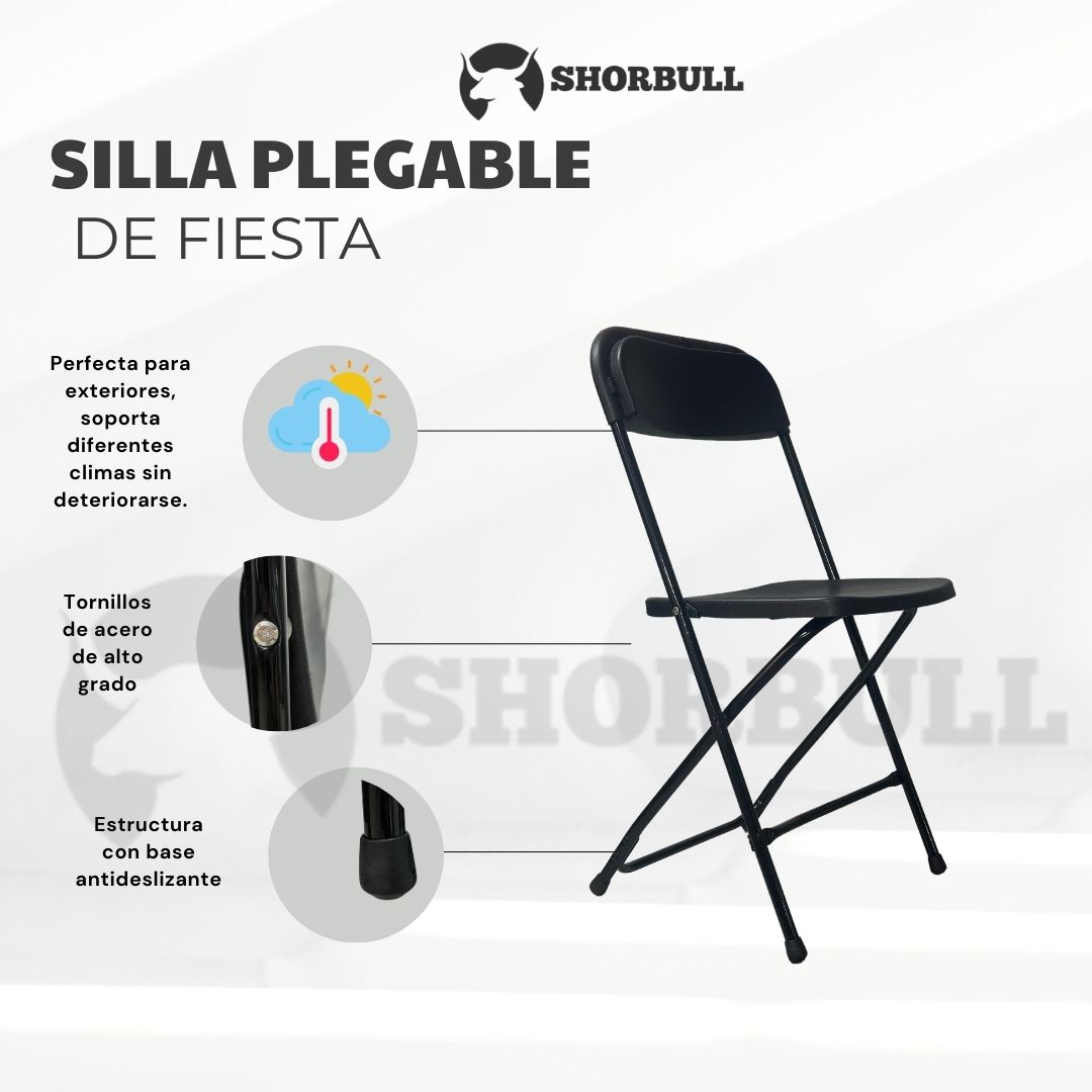 Sillas Plegables Shorbull Plástico Negra Fiesta Kit de 4 Resistente Reforzada Exterior Fiesta