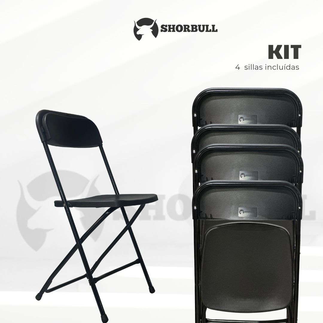 Sillas Plegables Shorbull Plástico Negra Fiesta Kit de 4 Resistente Reforzada Exterior Fiesta