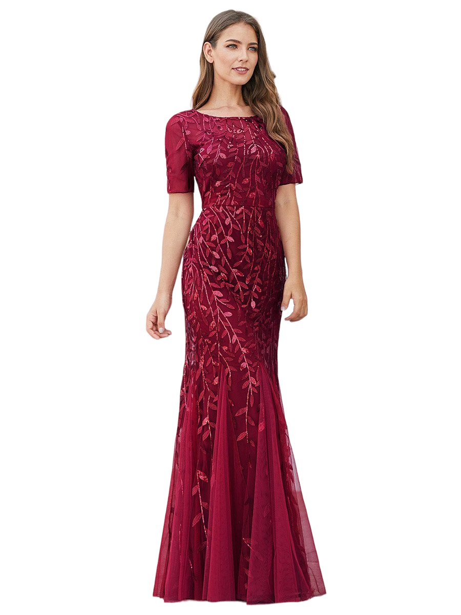 Vestido Elegante de Fiesta Largo Guinda Vino para Mujer con Lentejuela Sirena Manga Corta T Ch a Talla Extra