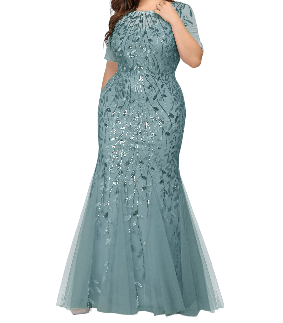 Vestido Elegante de Fiesta Largo Turquesa Dusty para Mujer con Lentejuela Sirena Manga Corta T Ch a Talla Extra