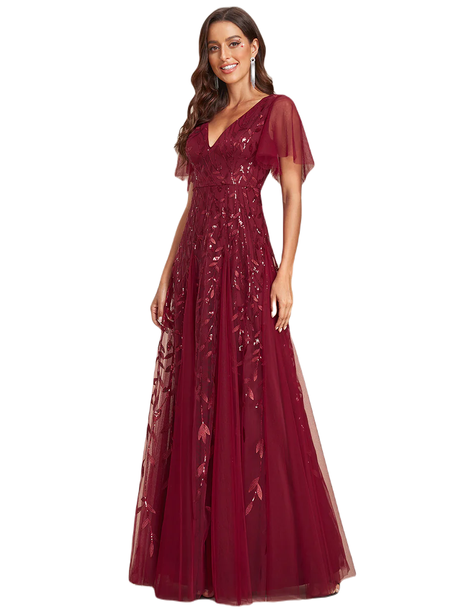 Vestido Elegante de Fiesta Largo Guinda Vino para Mujer con Lentejuela Sirena Cuello V Manga Corta T Ch a Talla Extra