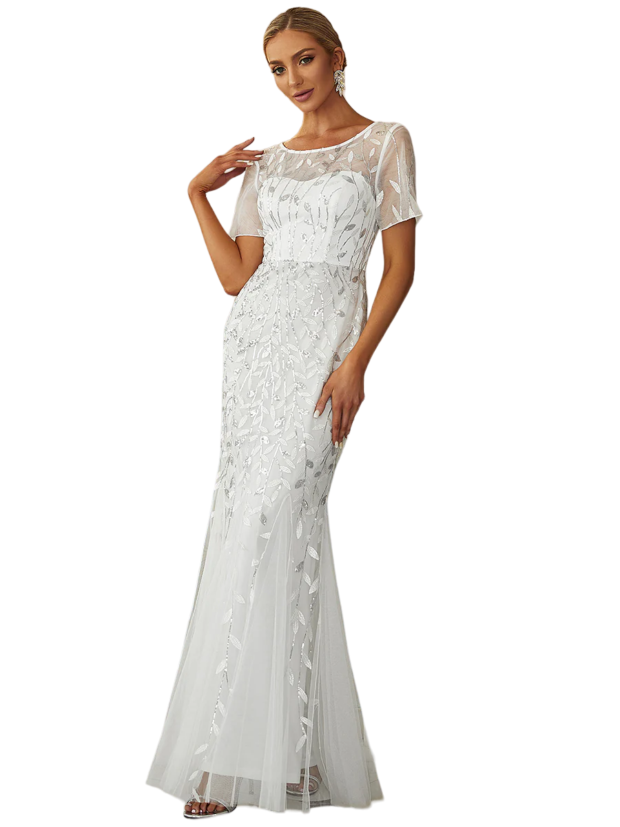 Vestido Elegante de Fiesta Largo Blanco Novia para Mujer Boda con Lentejuela Sirena Manga Corta T Ch a Talla Extra