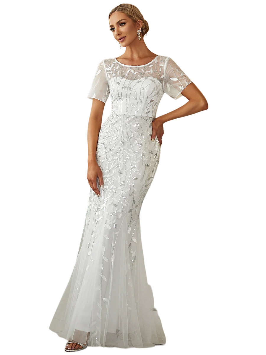 Vestido Elegante de Fiesta Largo Blanco Novia para Mujer Boda con Lentejuela Sirena Manga Corta T Ch a Talla Extra