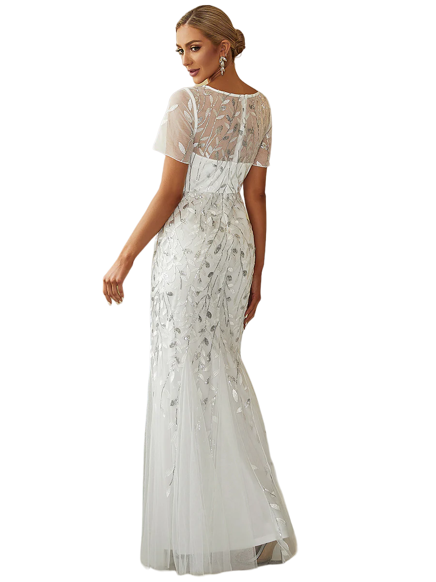 Vestido Elegante de Fiesta Largo Blanco Novia para Mujer Boda con Lentejuela Sirena Manga Corta T Ch a Talla Extra
