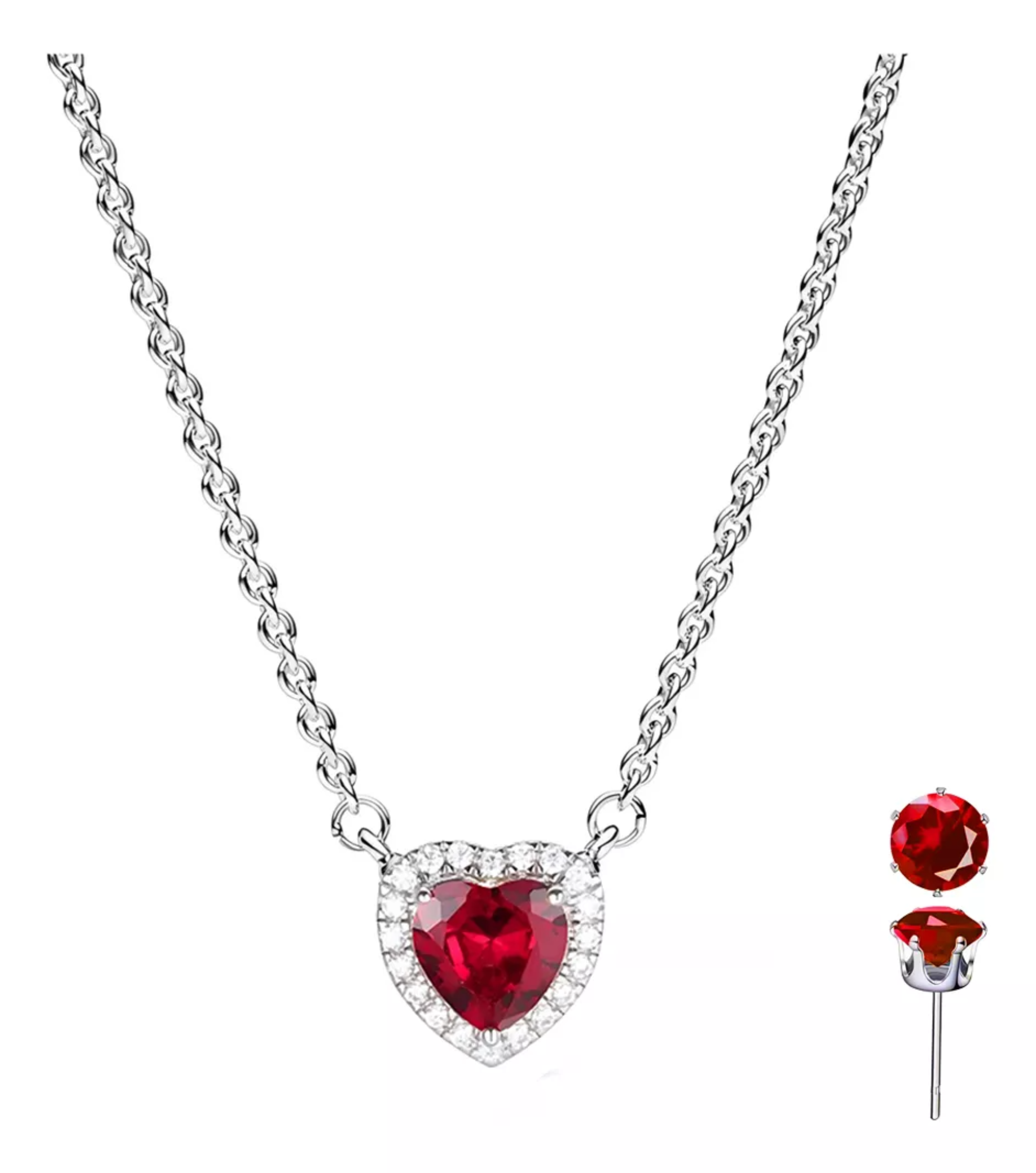 Regalo Para Mujer Collar Plata  Corazon Elevado Rojo