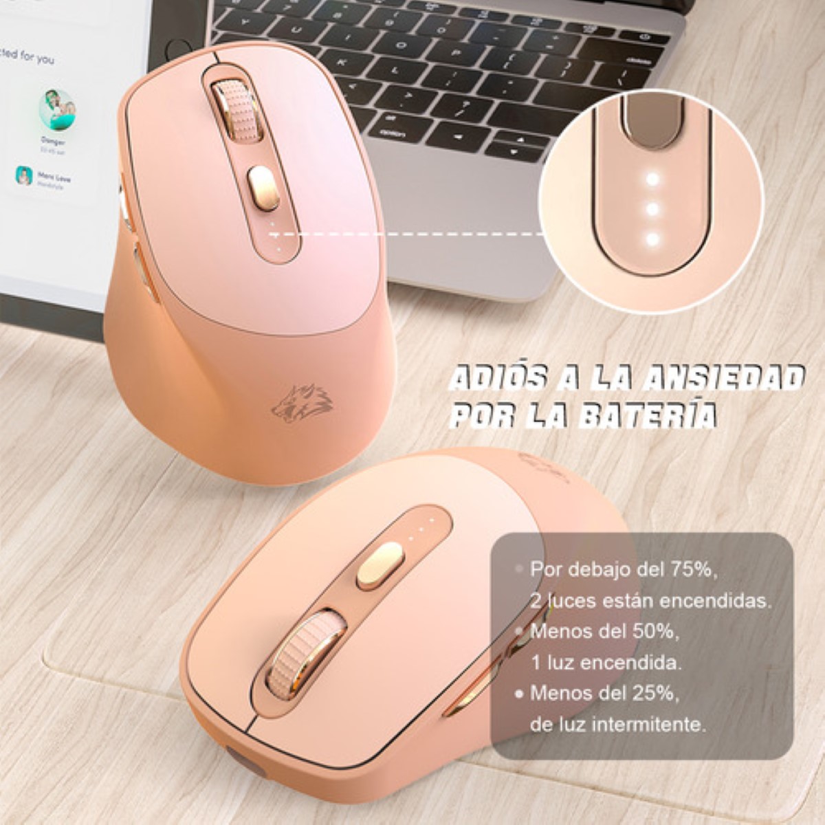 Mouse Inalámbrico Silencioso Ergonómico Rosa Palido