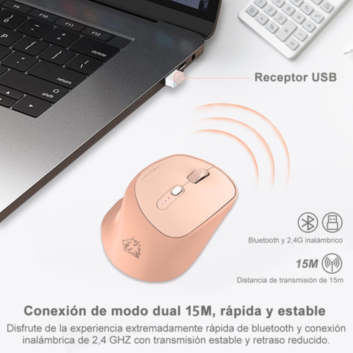 Mouse Inalámbrico Silencioso Ergonómico Rosa Palido