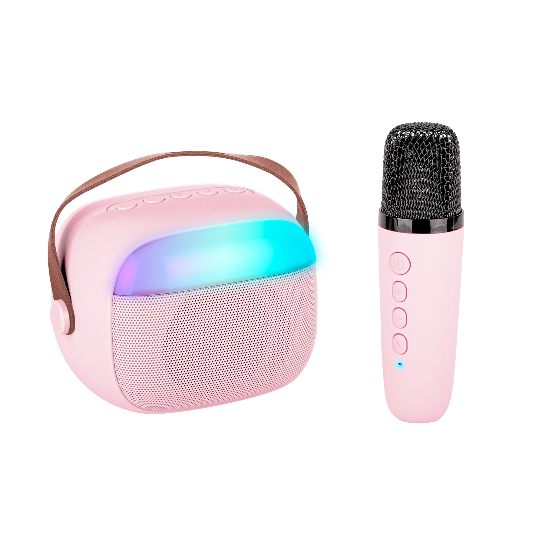 Bocina y Micrófono Rosa Karaoke RGB 5 Modos de Voz y USB
