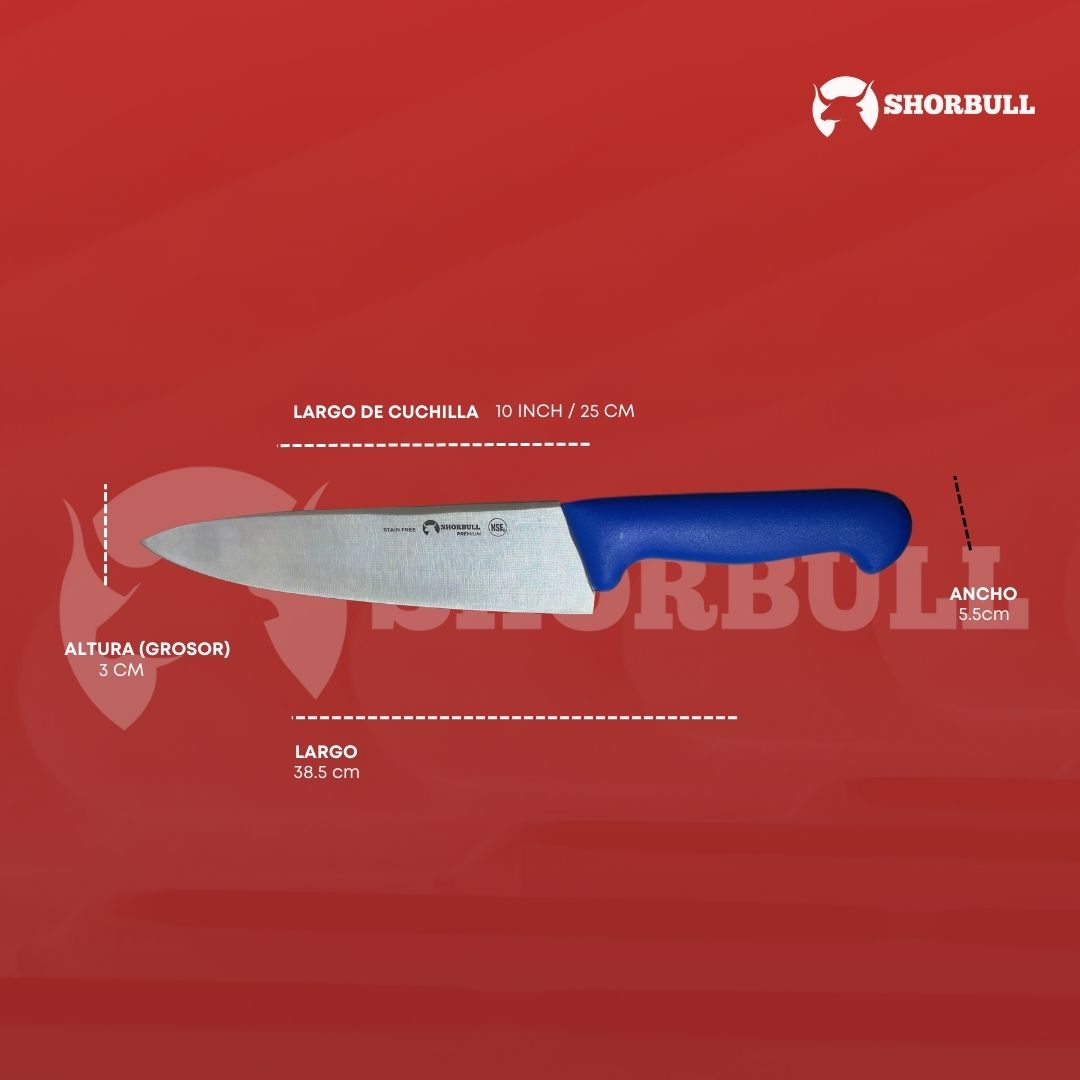 Kit de 3 cuchillos para Chef  10 inch Hoja Acero Inoxidable Mango Ergonómico Color Azul, rojo y blanco Shorbull 