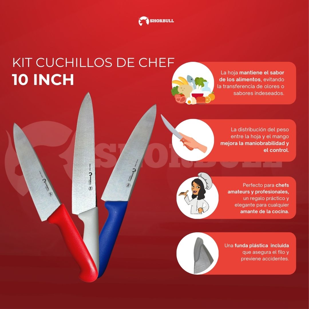 Kit de 3 cuchillos para Chef  10 inch Hoja Acero Inoxidable Mango Ergonómico Color Azul, rojo y blanco Shorbull 