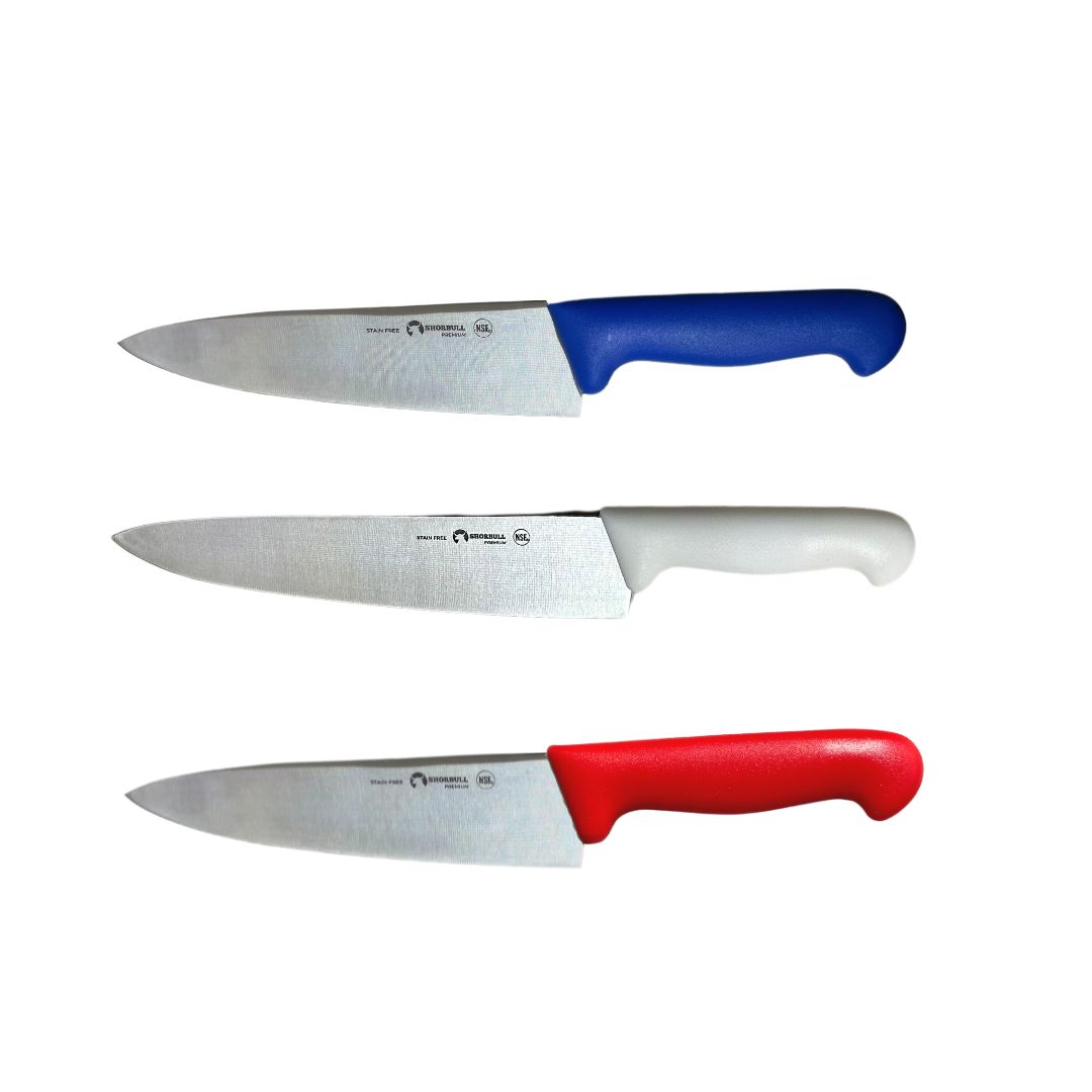 Kit de 3 cuchillos para Chef  10 inch Hoja Acero Inoxidable Mango Ergonómico Color Azul, rojo y blanco Shorbull 