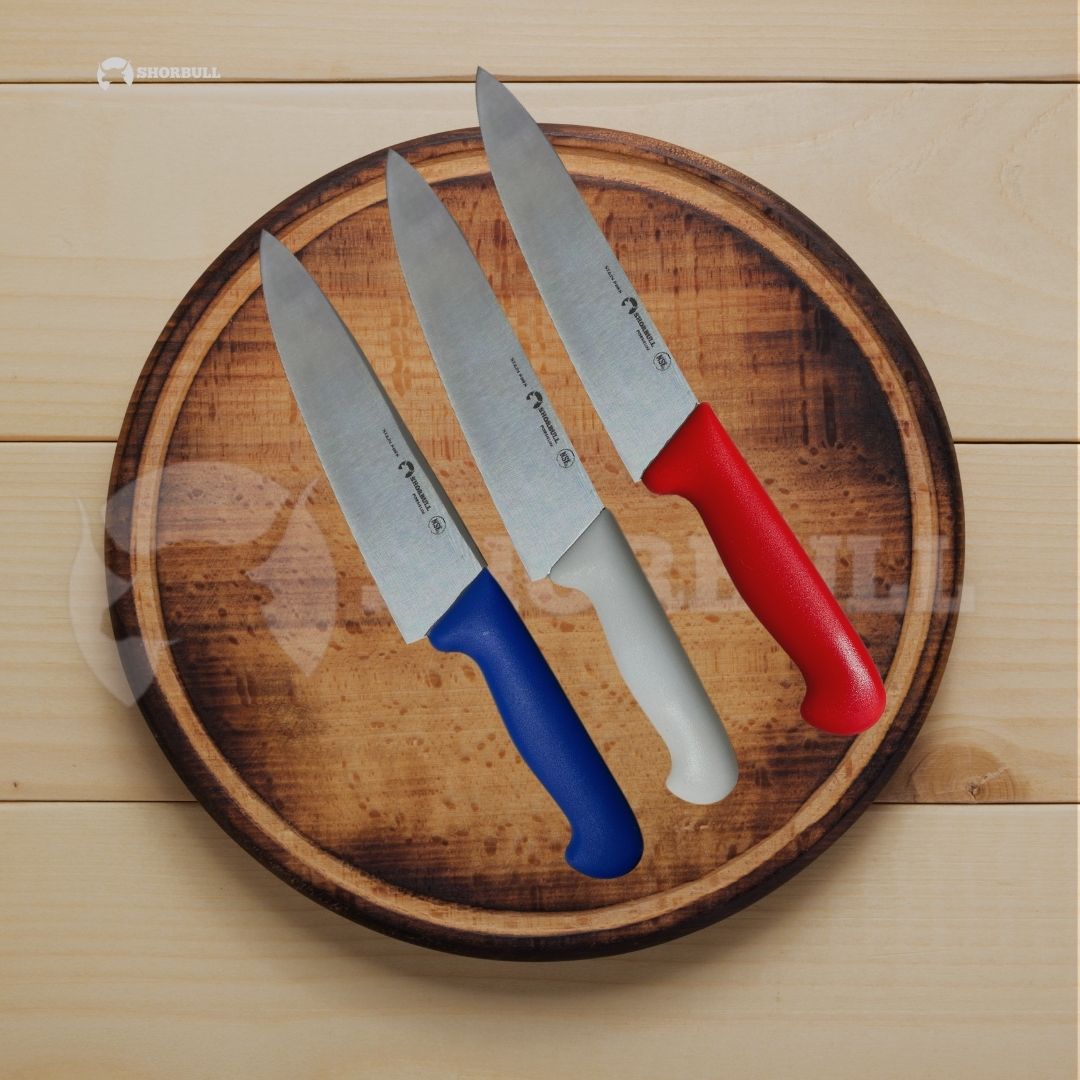 Kit de 3 cuchillos para Chef  10 inch Hoja Acero Inoxidable Mango Ergonómico Color Azul, rojo y blanco Shorbull 