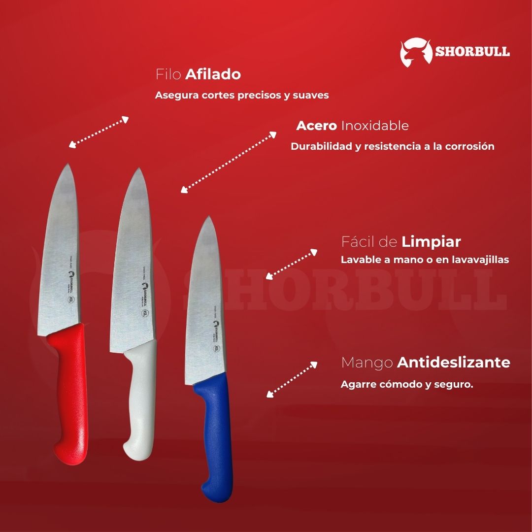 Kit de 3 cuchillos para Chef  10 inch Hoja Acero Inoxidable Mango Ergonómico Color Azul, rojo y blanco Shorbull 