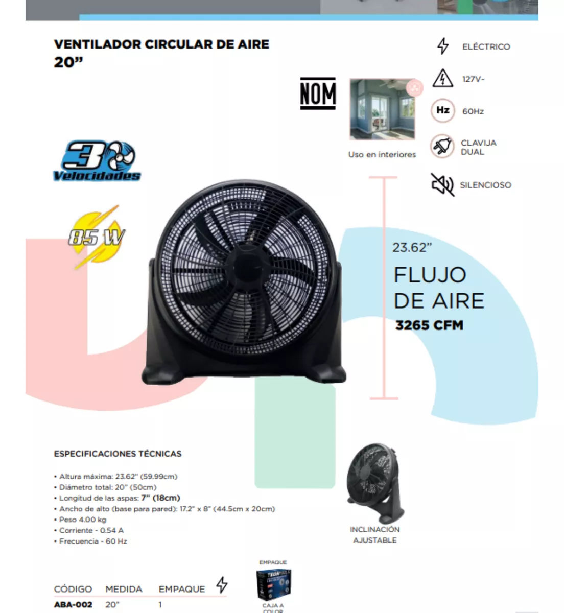 Katoa, Ventilador Circular de Aire 20" de 3 Velocidades, Inclinación Ajustable