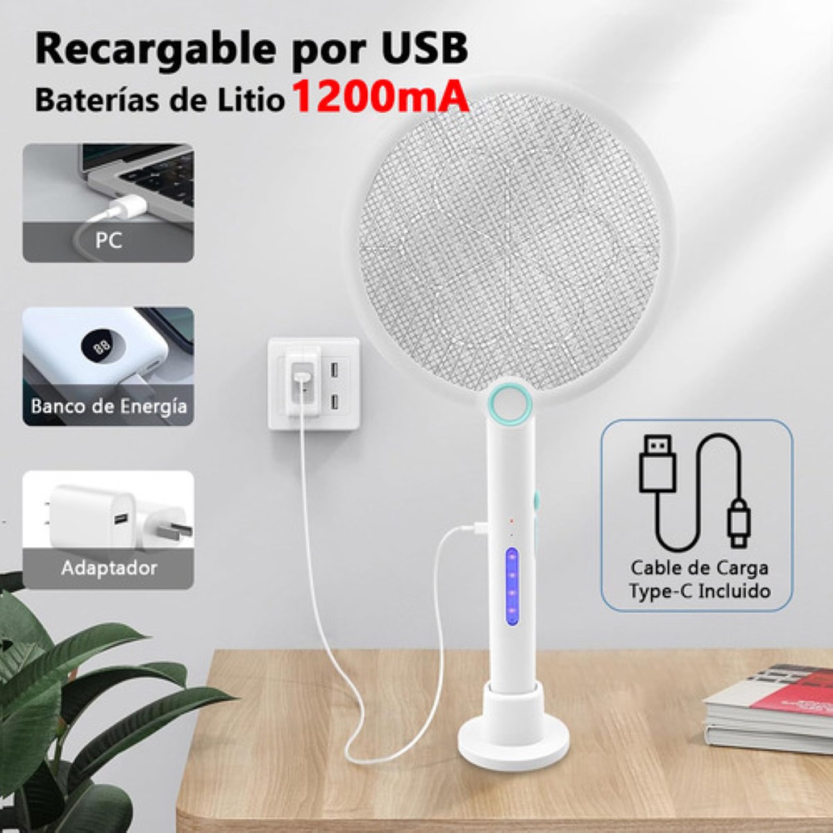 Raqueta Eléctrica Recargable Mata Moscas Y Mosquitos Blanca