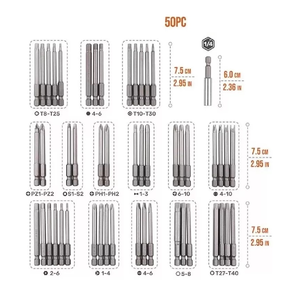 kit 50 Brocas Magnéticas Hexagonales Extralarga 1/4 75 mm para Destornillador Taladro