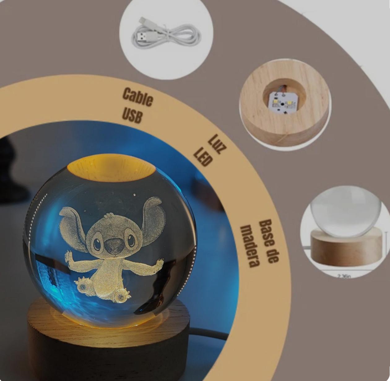 Stitch en 3D Brillando en Casa, Esfera de Cristal con Luz