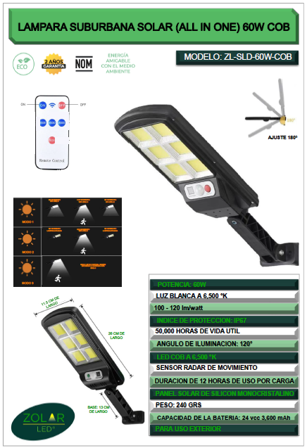 Lampara Suburbana Solar (All In One) 60W COB 