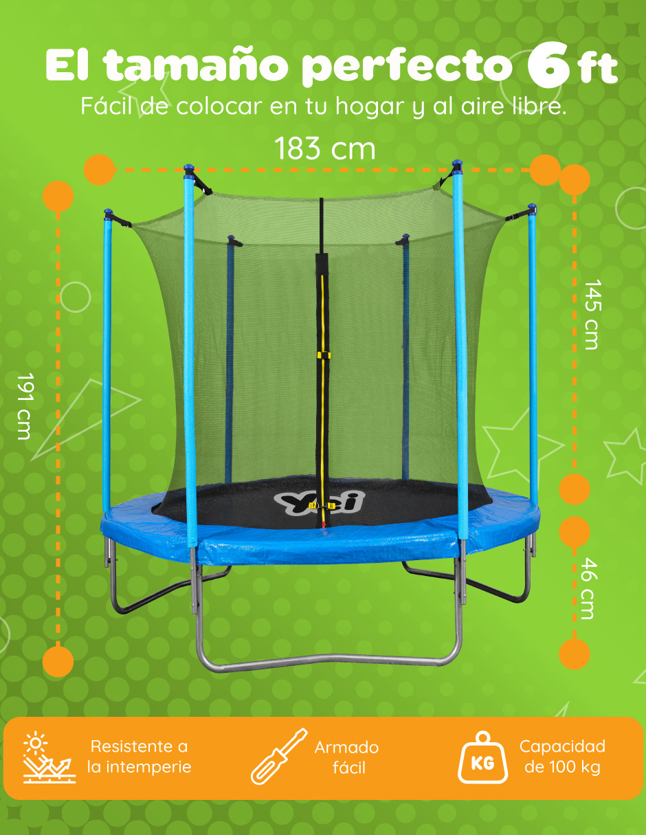 Trampolín 1.82 mts Brincolín Infantil YEI Reforzado 6 Pies Uso Rudo Con Red de Seguridad