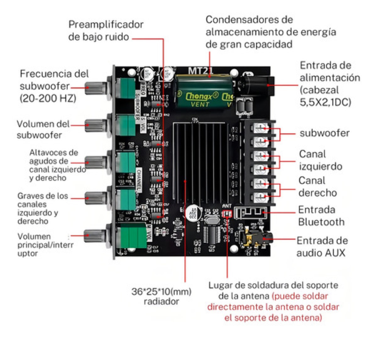 Placa Amplificadora De Potencia Digital 50wx2+100w Zk-mt21 negra