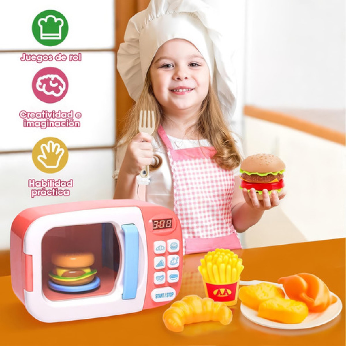 Juego De Cocina Juguete De Microondas Para Niñas,31 Piezas Rosa