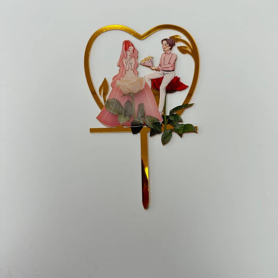 Adorno Acrílico Pastel Bodas Corazón Propuesta Flores Dorado Regalo Día San Valentín