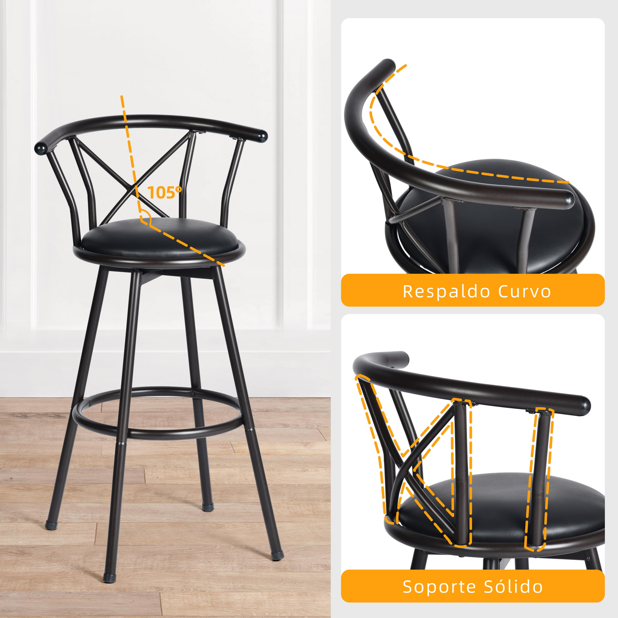 Set 2 Bancos Altos Respaldo Giratorios Para Barra Cocina Bar