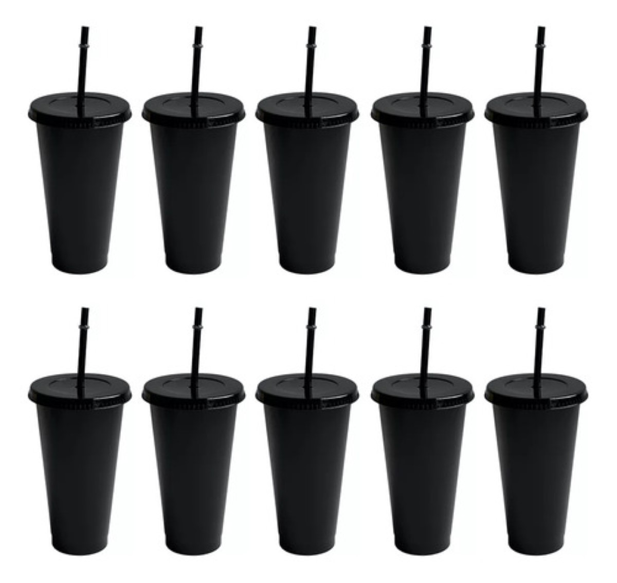 10 Vasos Negros Reutilizables Con Tapa Y Pajita negro 