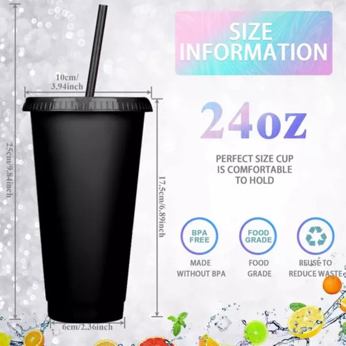 10 Vasos Negros Reutilizables Con Tapa Y Pajita negro 