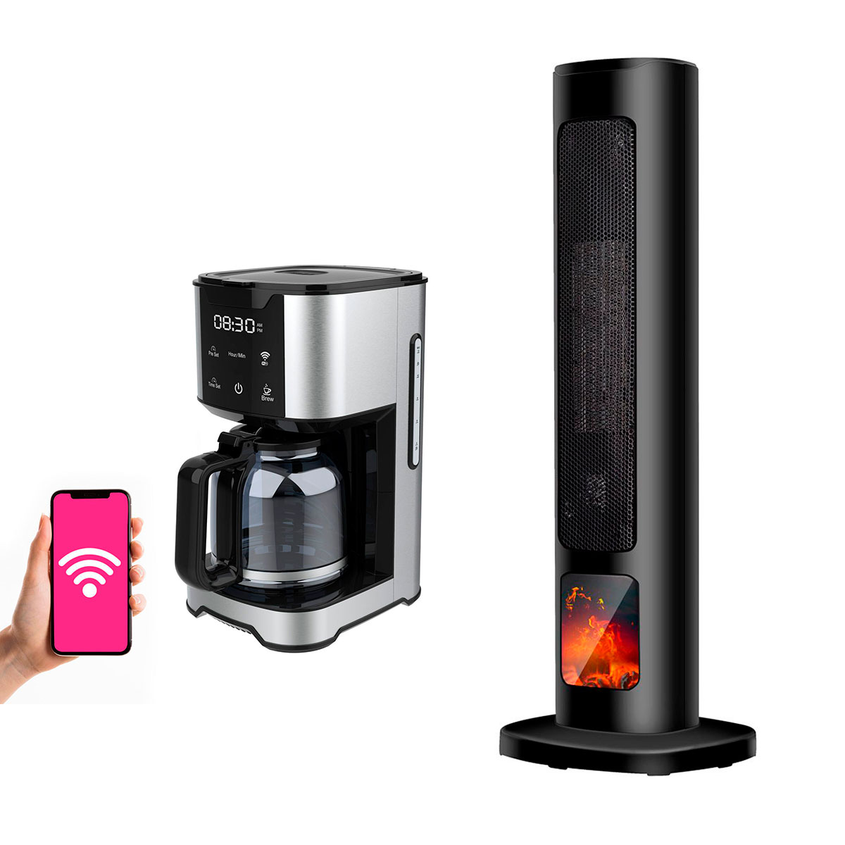 Calefactor de torre y Cafetera wifi Beautifull Home con operación Inteligente y temporizador desde celular 
