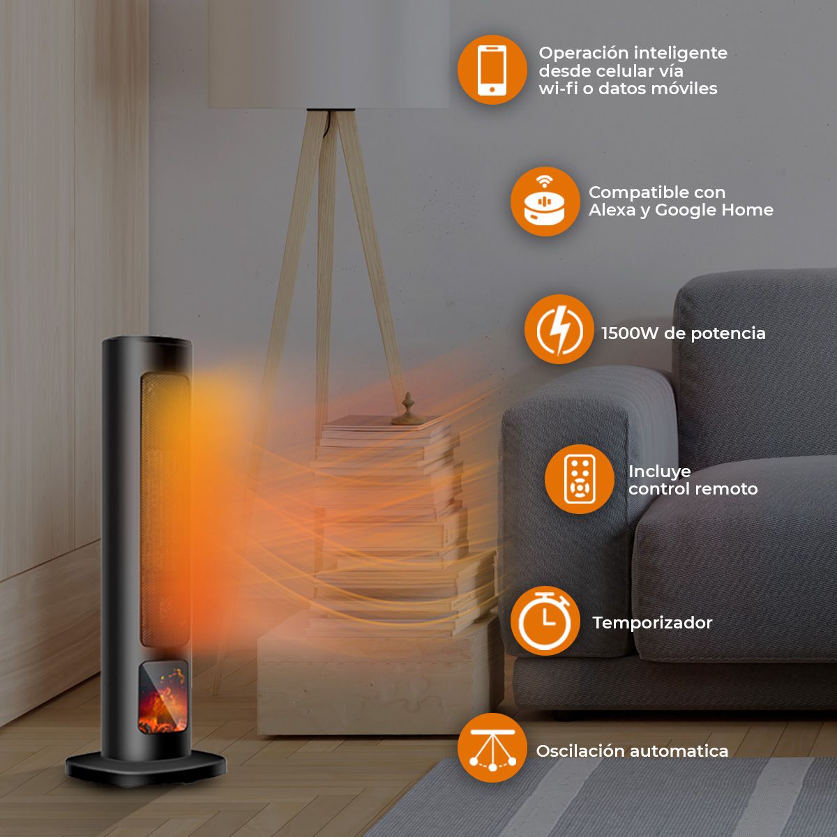 Calefactor de torre y Cafetera wifi Beautifull Home con operación Inteligente y temporizador desde celular 