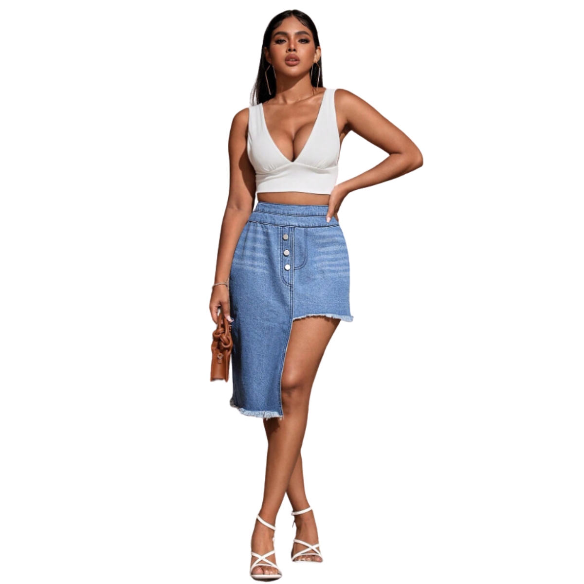 Shein Falda De Mezclilla Sin Dobladillo Bajo Asimétrico