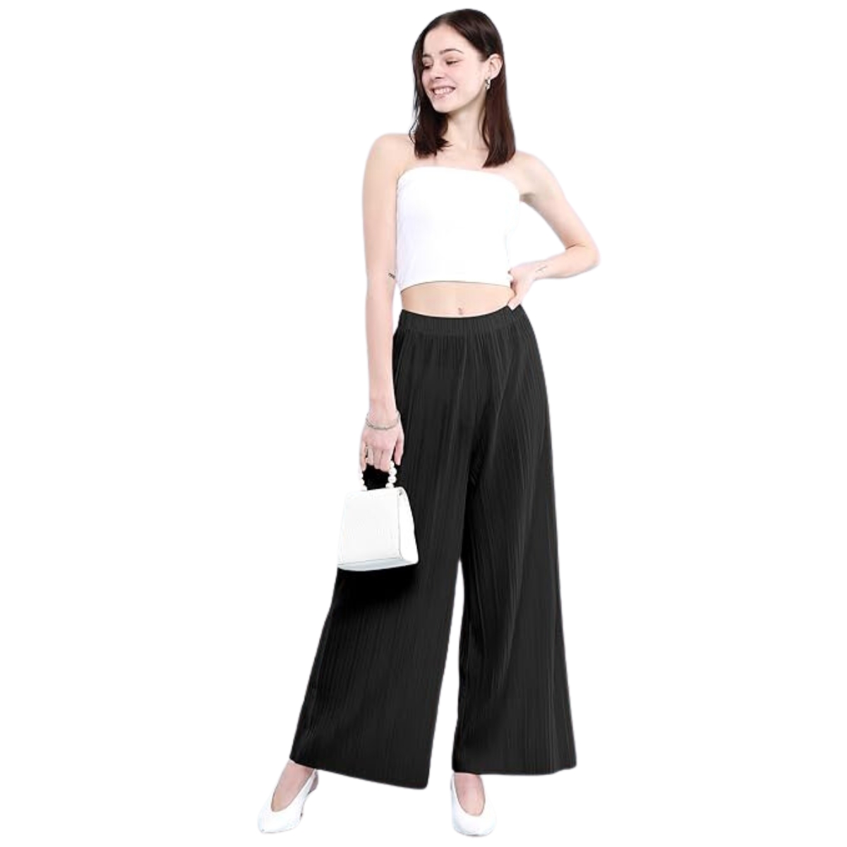 Pantalón Palazzo Plisado Stretch Super Comodo Color Negro
