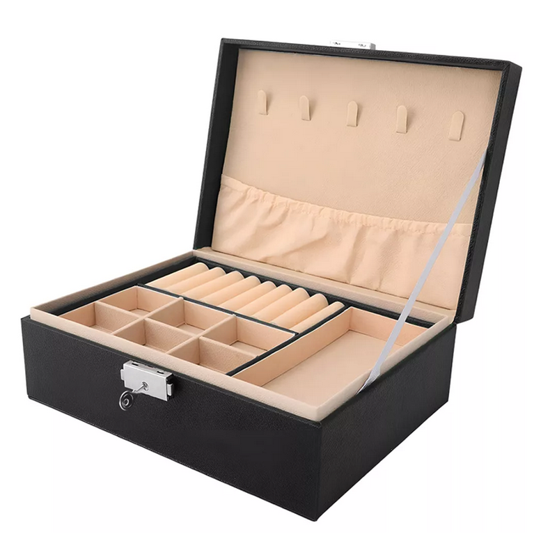 Alhajero Elegante Estuche Organizador De Joyas Con Cerradura Color Negro
