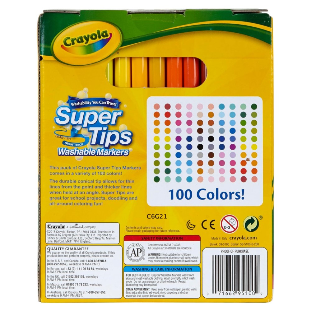 Crayola Super Tips 100 Marcadores Lavables, Colores Brillantes