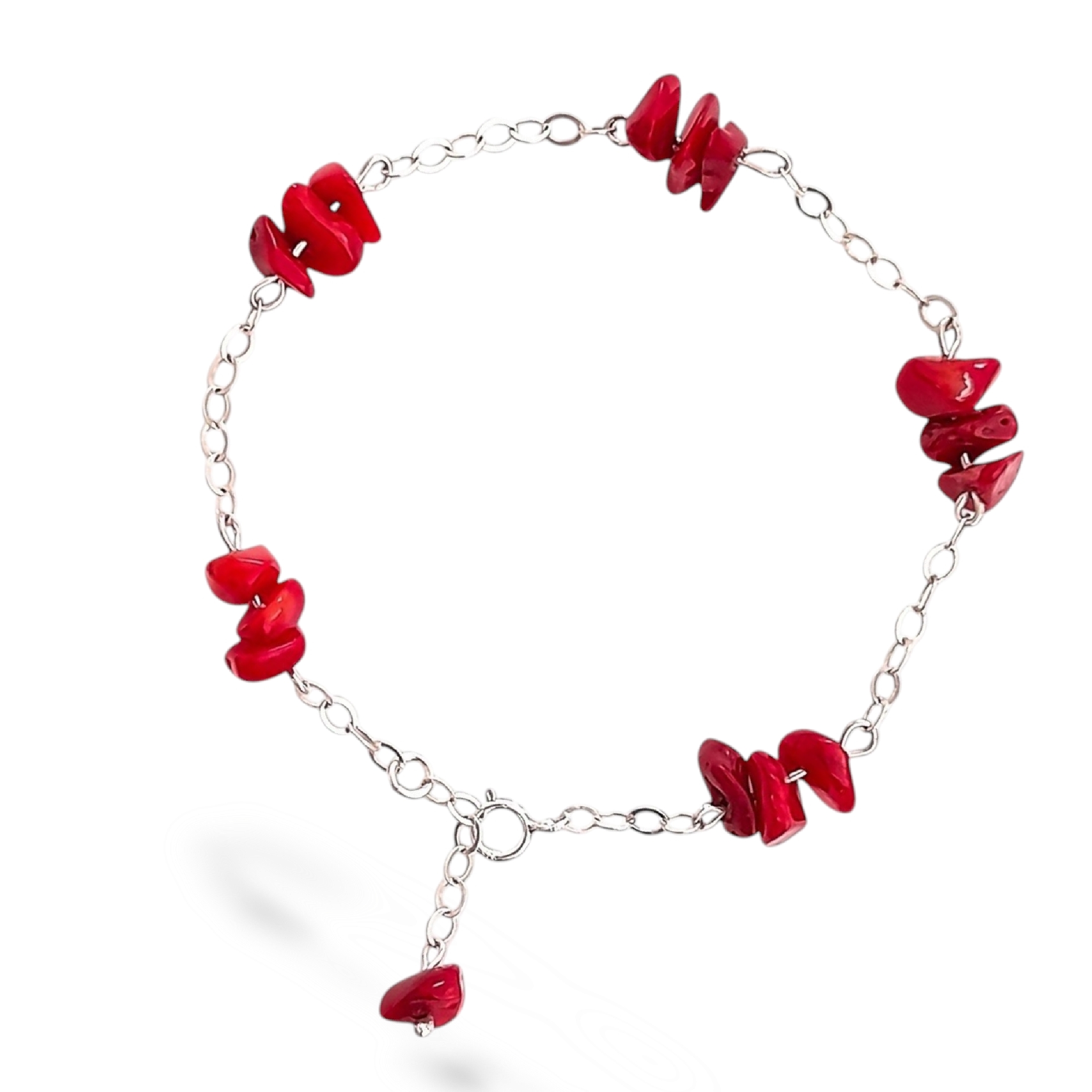 Pulsera Chip De Coral Rojo En Plata Ley .925